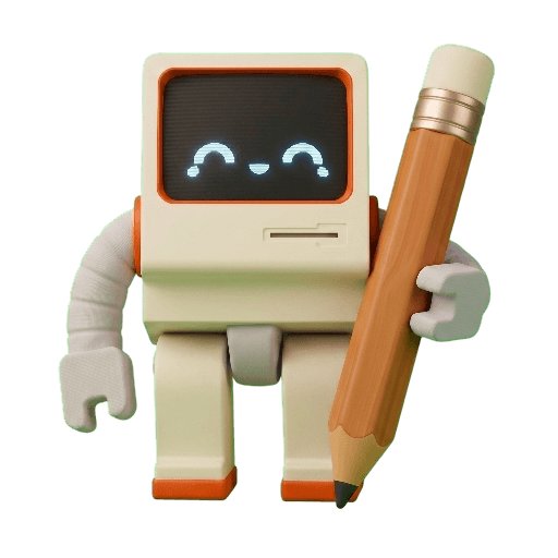 Cubbie friendly robot mascot holding a pencil
