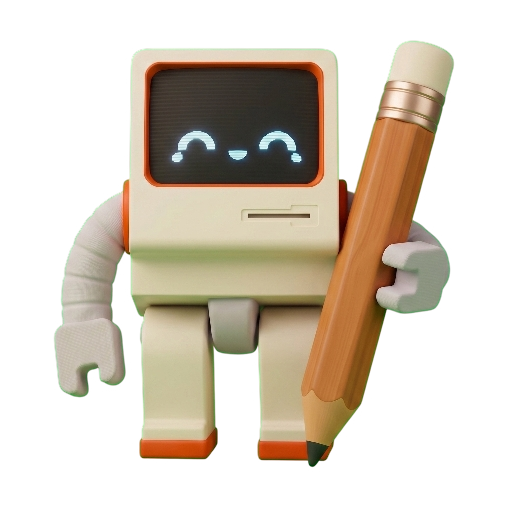 Cubbie friendly robot mascot holding a pencil